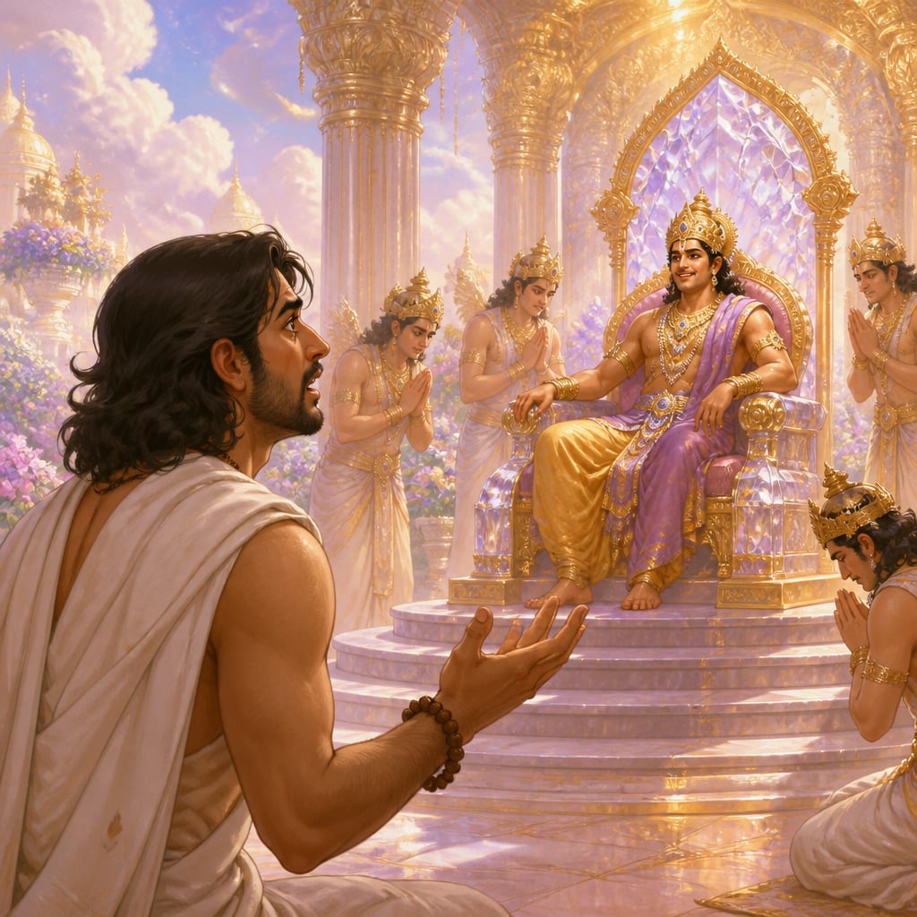 Yudhishthira stares in stunned horror at Duryodhana seated on a crystal and gold throne in heaven.