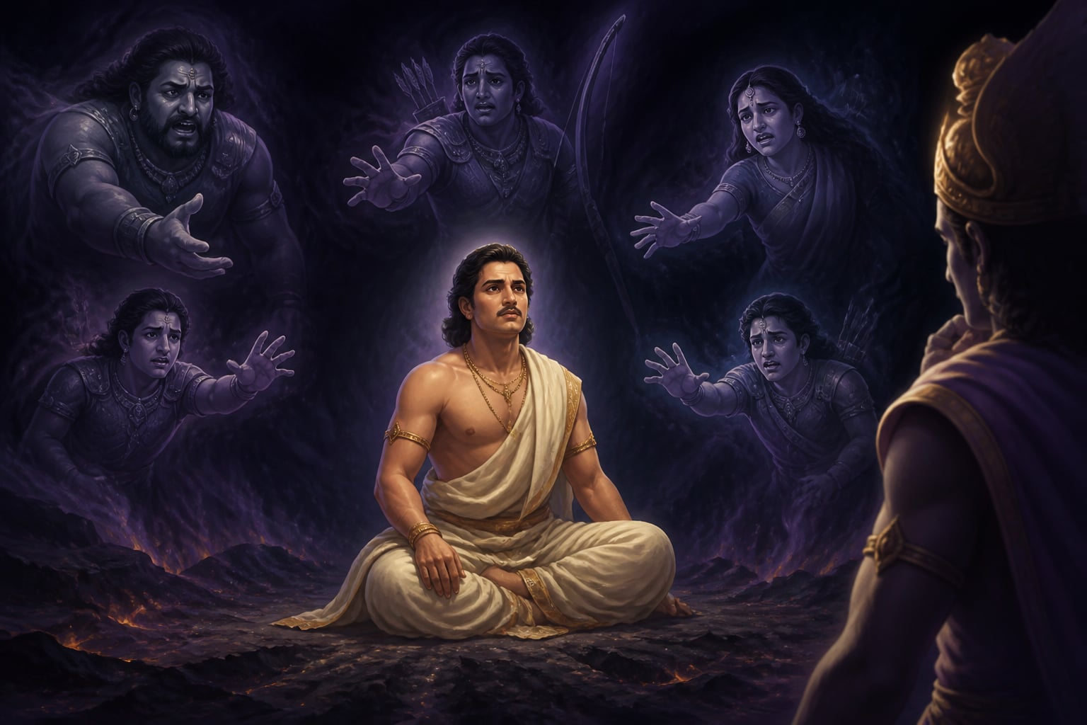 Yudhishthira sitting in hell surrounded by his family's voices