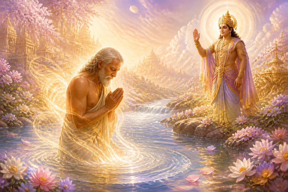 Yudhishthira bathing in the celestial Mandakini river