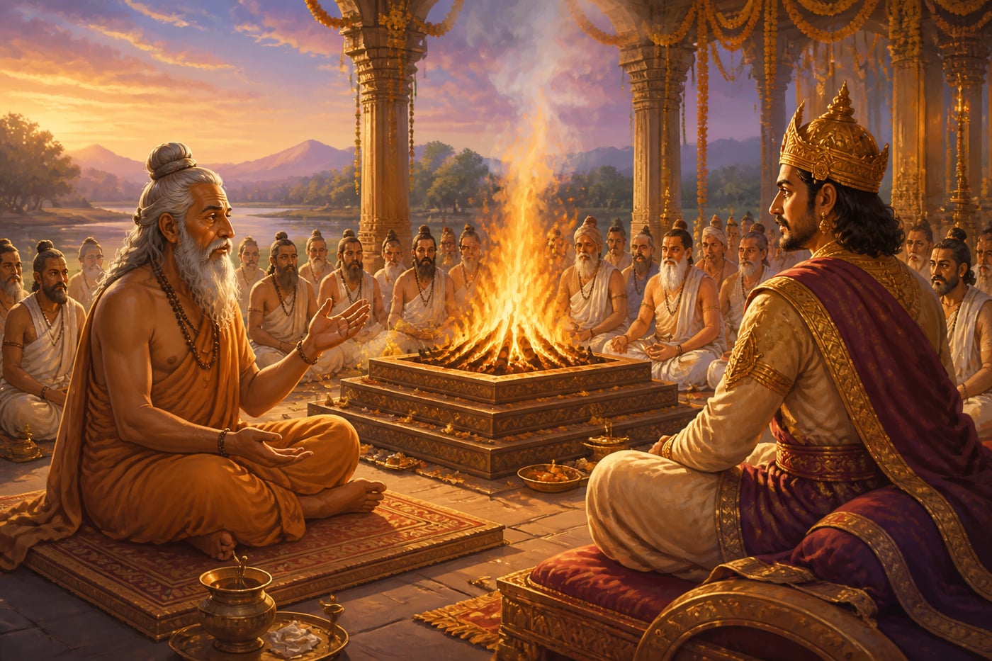 Vaishampayana narrating the Mahabharata's end to King Janamejaya
