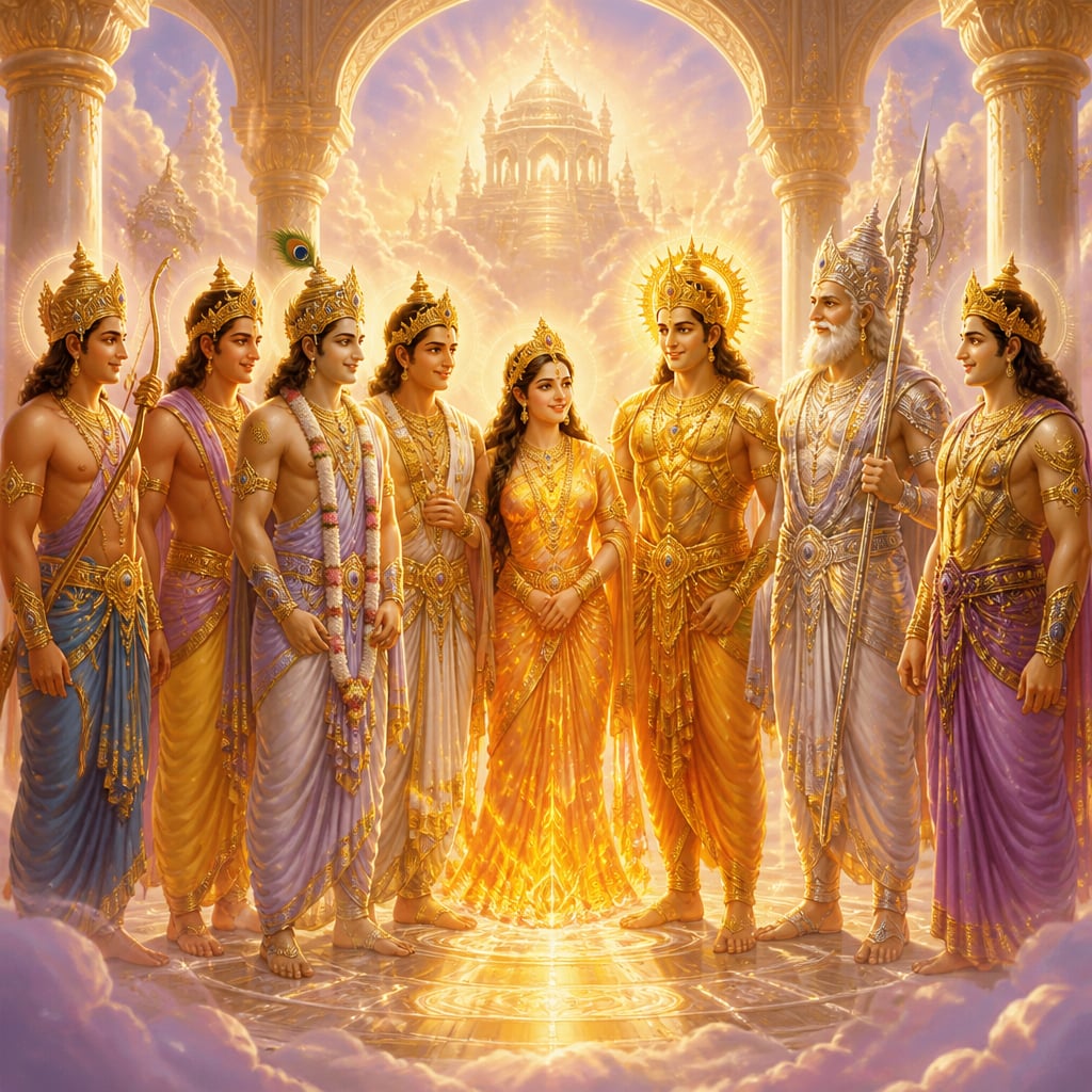 All the great warriors of Kurukshetra stand reunited in their divine forms in a radiant celestial pavilion.