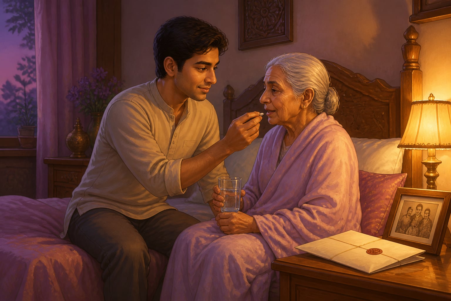 A young adult caring for an aging parent at home