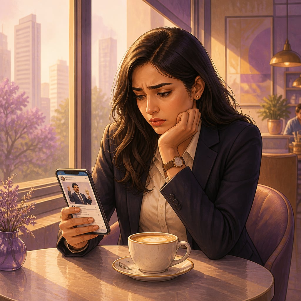 A young Indian professional sits alone at a cafe table looking at a LinkedIn post on her phone with a frustrated expression.
