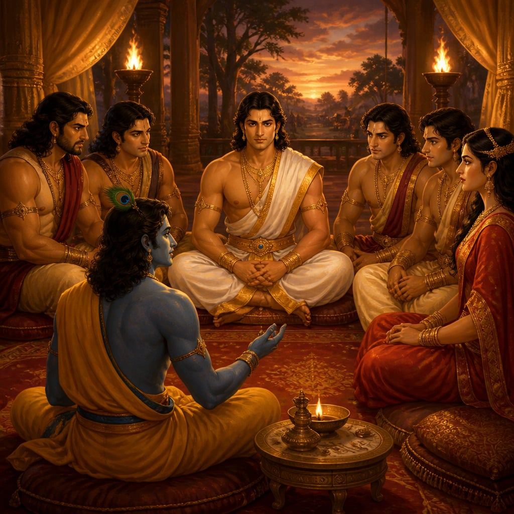 Yudhishthira and his brothers gather with Krishna and allied kings in a torchlit pavilion at Upaplavya at dusk to convene the council before sending the envoy.