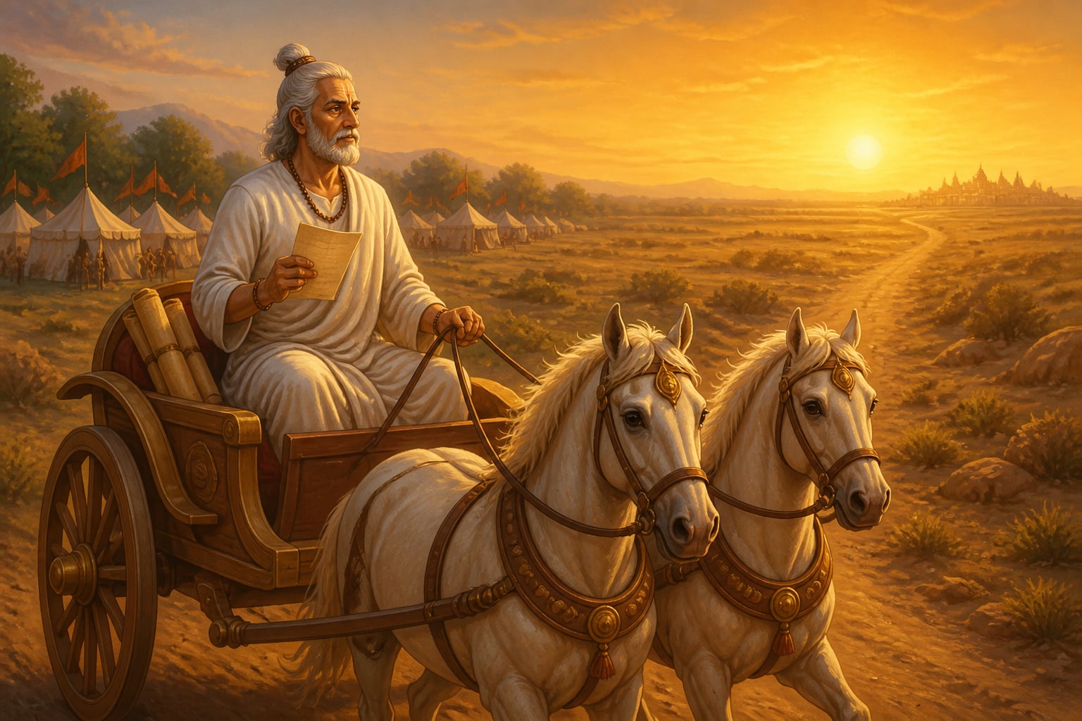 Drupada's priestly envoy rides across the plain to Hastinapura