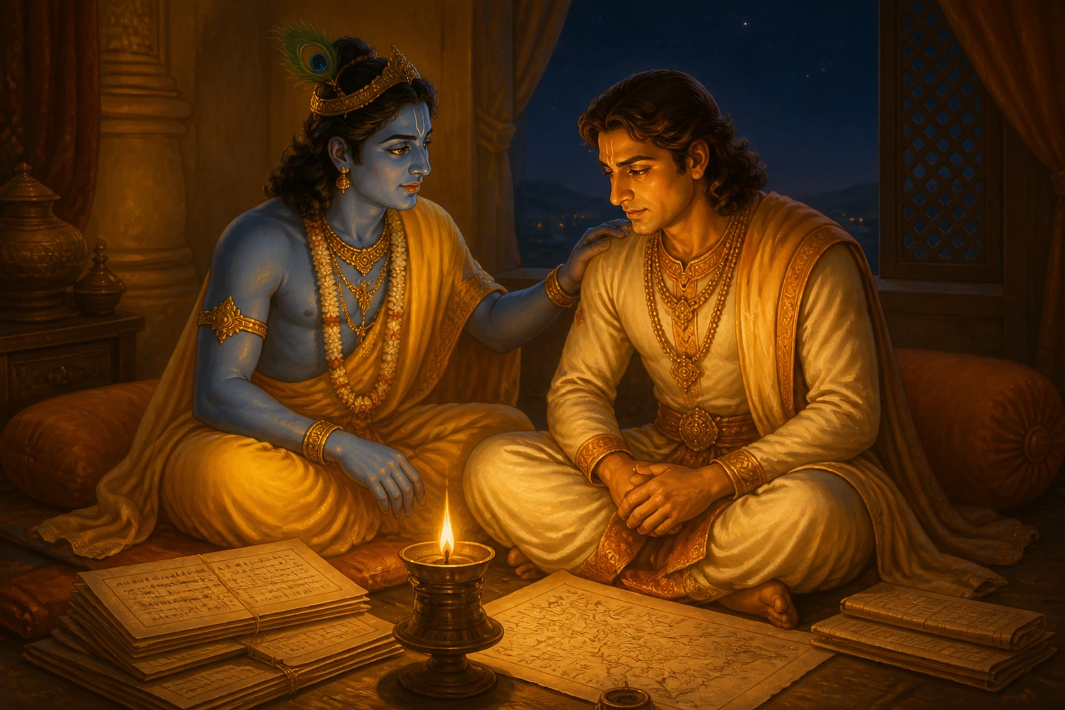 Krishna sits in intimate counsel with Yudhishthira at Upaplavya