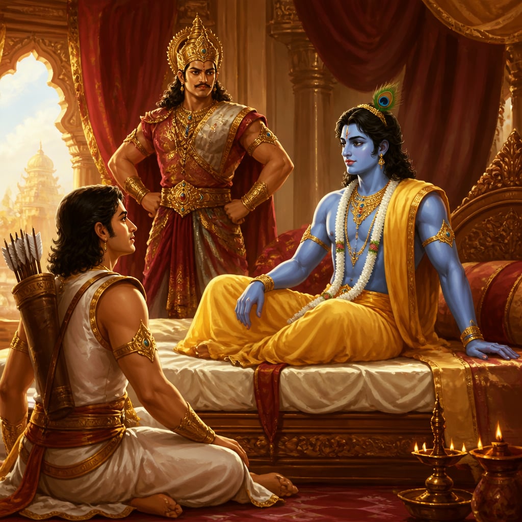 Krishna sits up on his Dwaraka bed at midday and sees Arjuna seated humbly at his feet and Duryodhana enthroned near his head.
