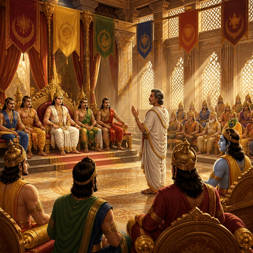 Sanjaya stands at the center of the Pandava embassy hall at Upaplavya at midday delivering Dhritarashtra's message to Yudhishthira and the assembled allies.