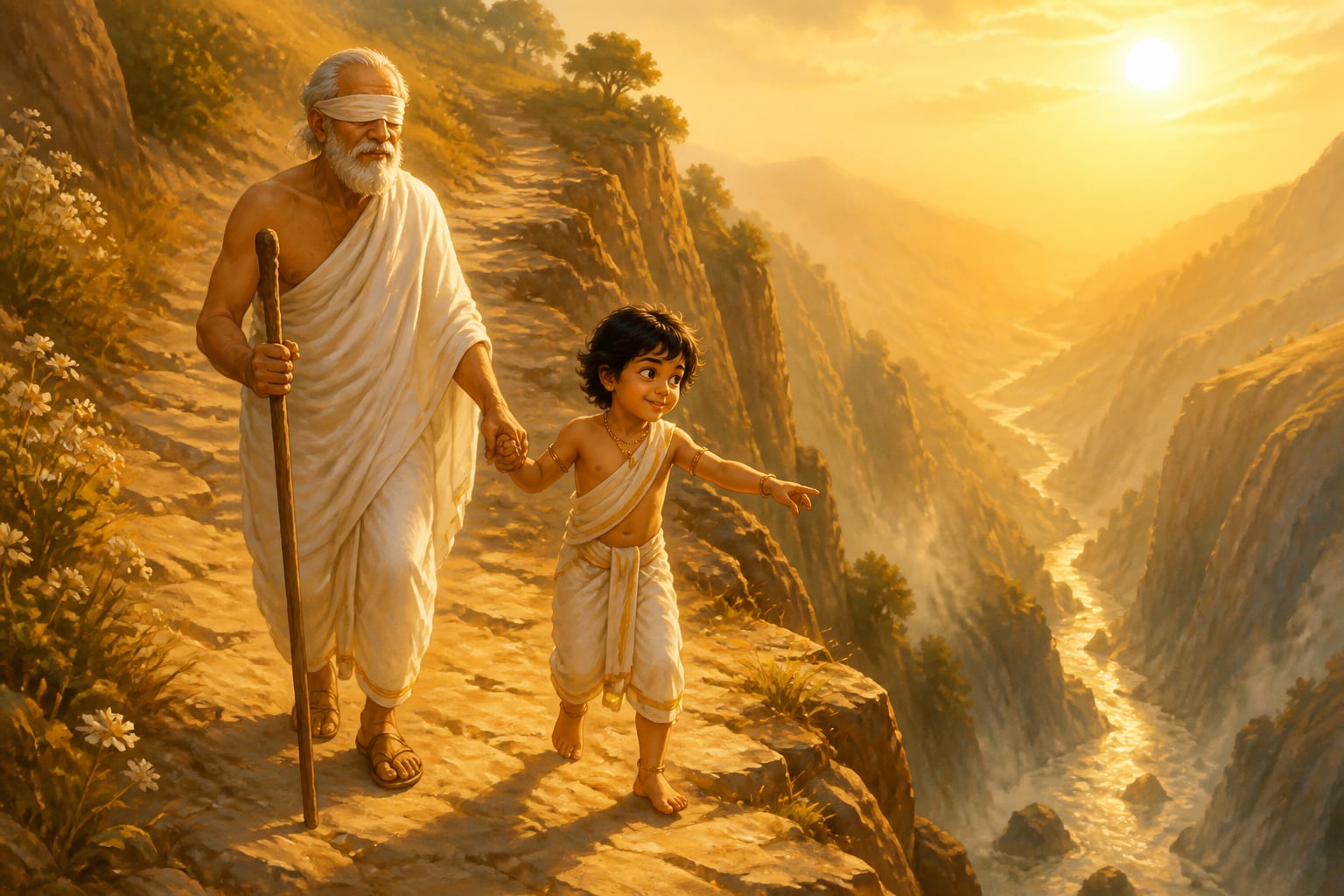 A blind elder walks toward a cliff guided by a mischievous child