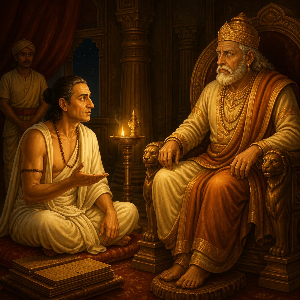 Vidura sits cross-legged beside the blind Dhritarashtra's throne in a single-lamp royal chamber late at night, beginning the counsel that became the Vidura Niti.