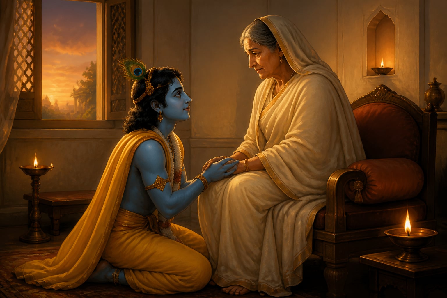 Krishna kneels before Kunti taking her final message for her sons