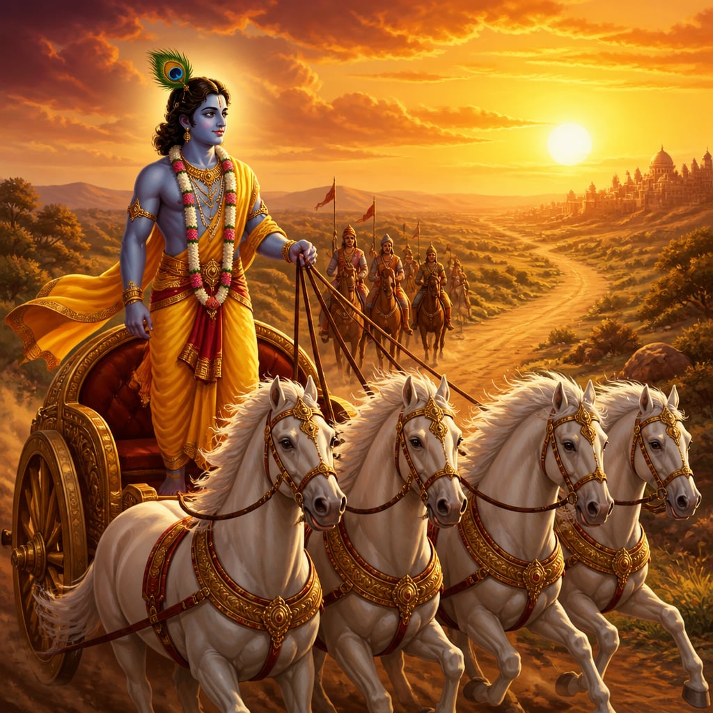 Krishna stands tall in a single open chariot drawn by four white horses at golden dawn, crossing the open plain from Upaplavya toward Hastinapura on his peace mission.