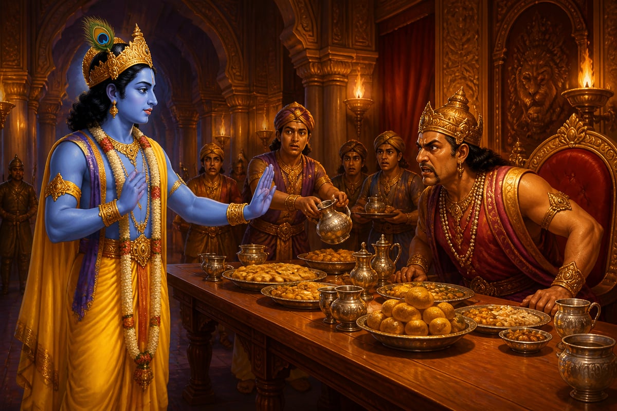 Krishna refuses Duryodhana's lavish hospitality at Hastinapura