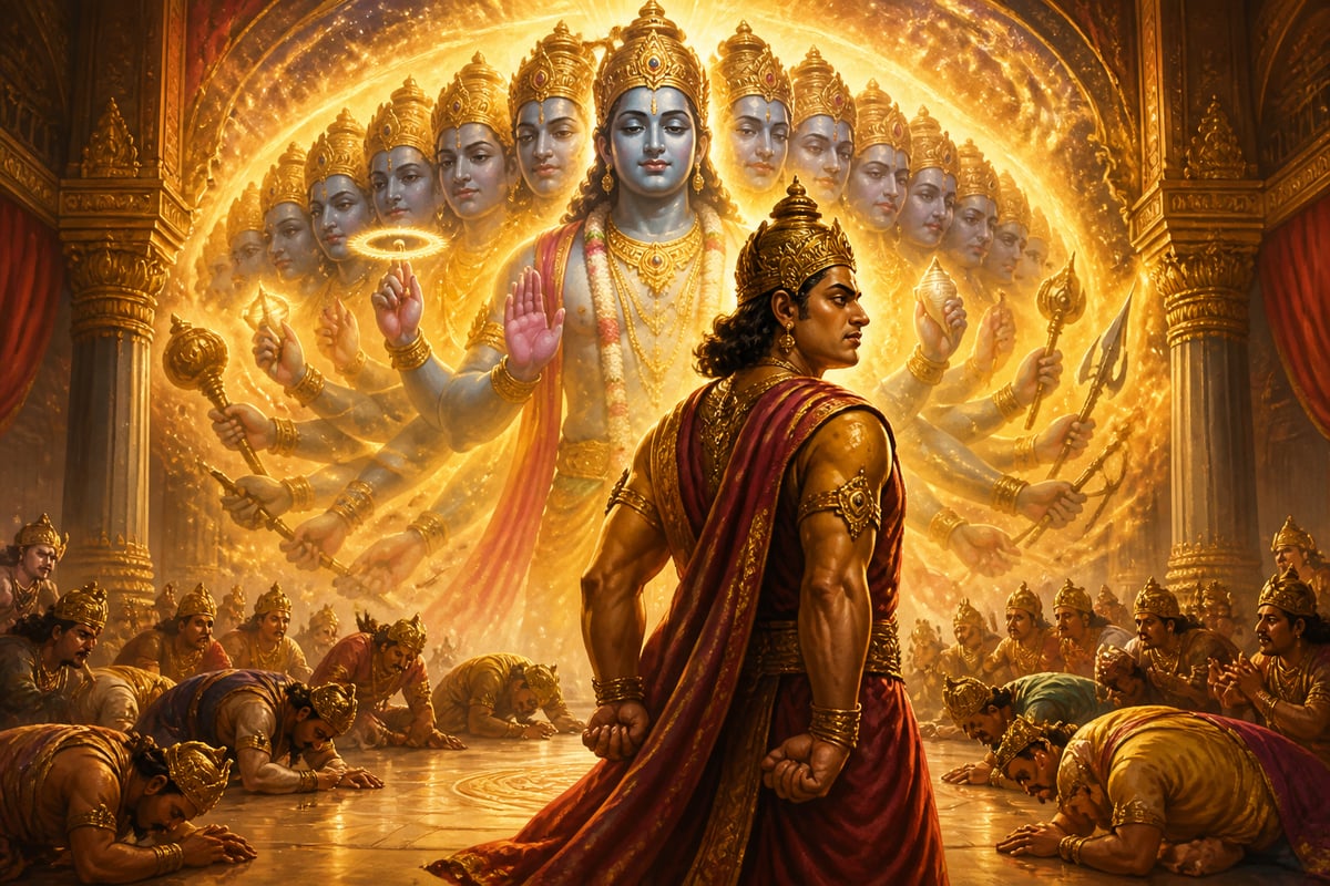 Duryodhana alone stands defiant amid the cosmic revelation