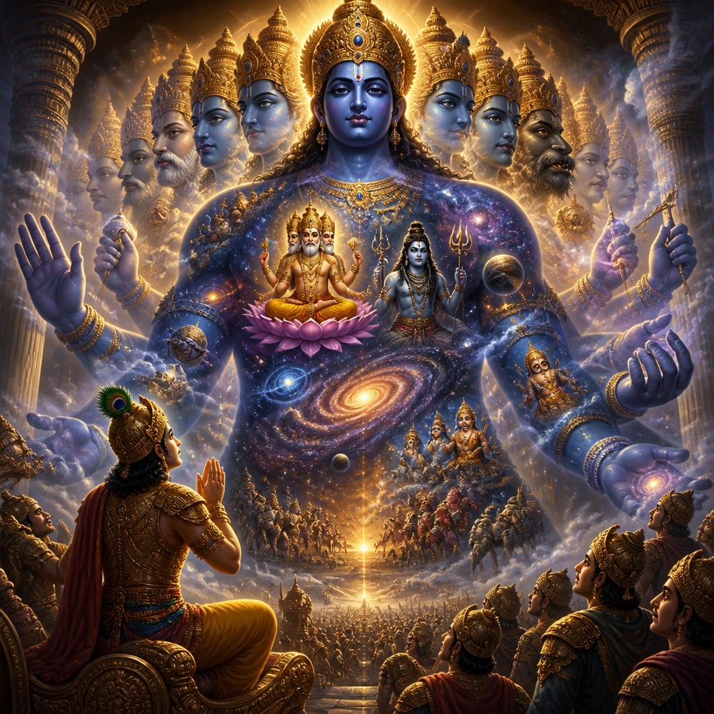 Krishna expands into his vast cosmic universal form filling the pillared Hastinapura assembly hall, his body containing galaxies, devas, and all directions of time.