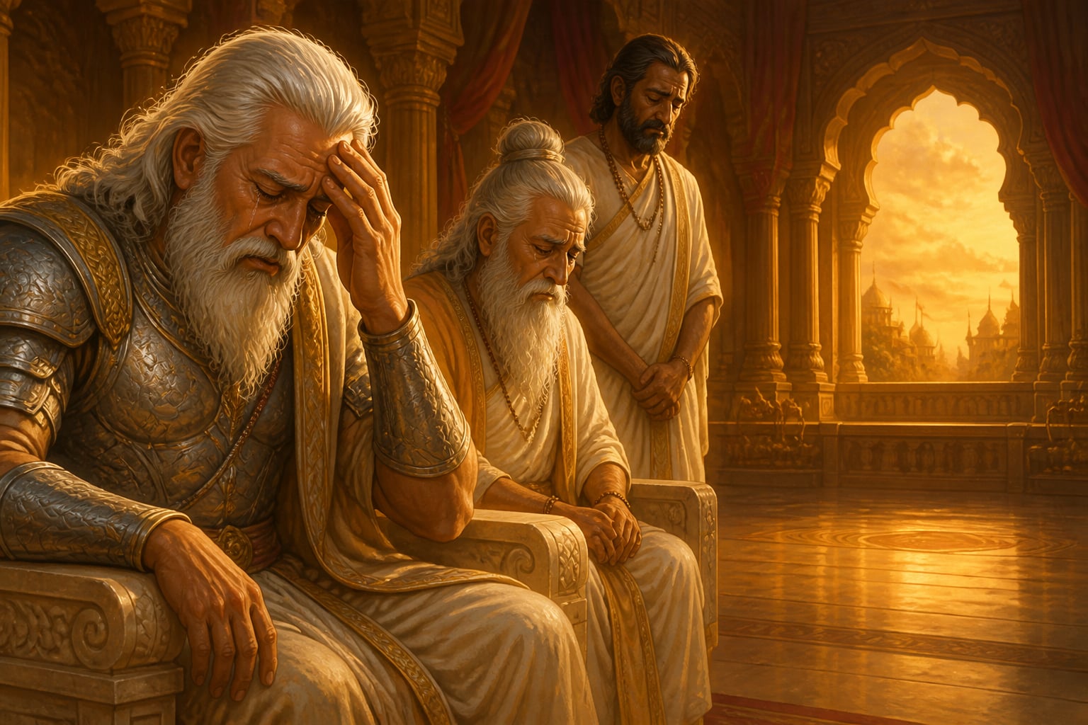 Bhishma weeps as the elders mourn Duryodhana's refusal