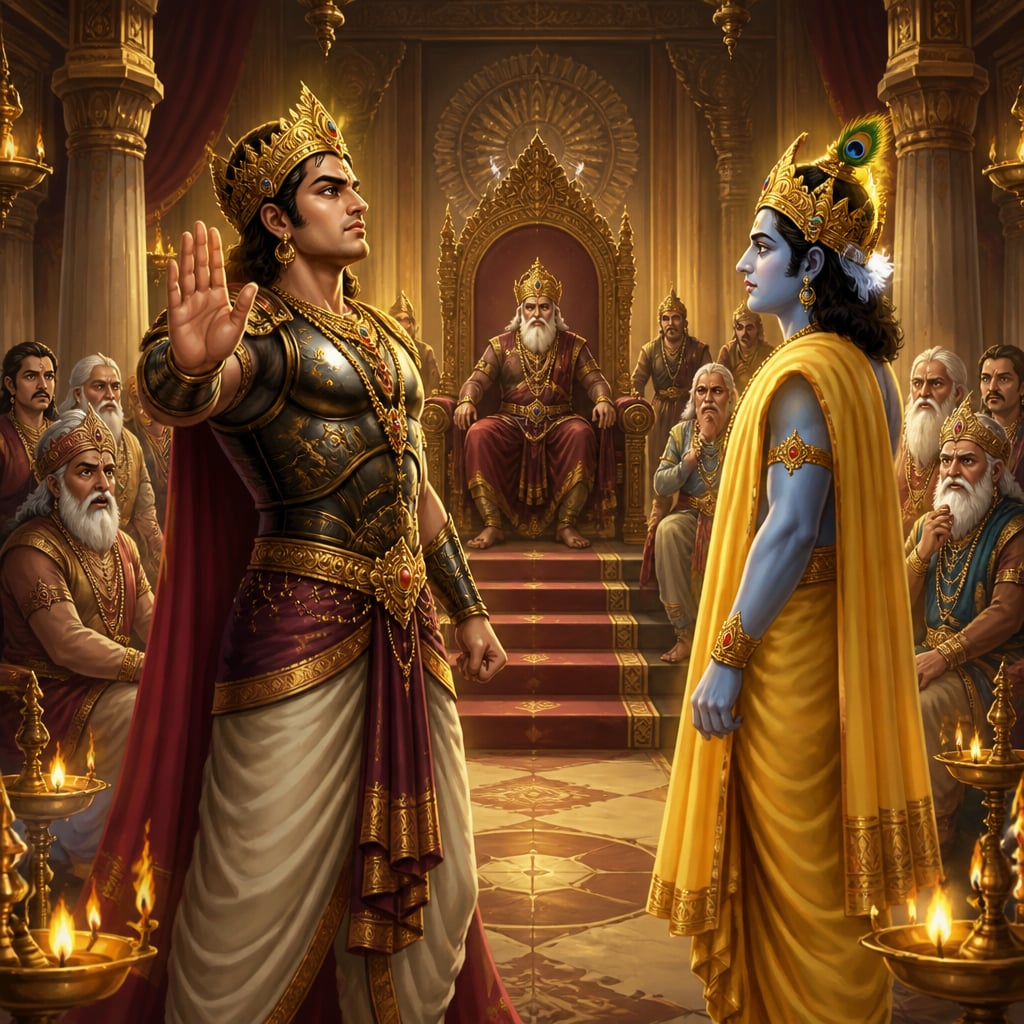 Duryodhana stands rigid in jeweled silks at the foot of his father's throne in the Hastinapura hall at midday, one hand raised in absolute refusal as he speaks the needle-point declaration.