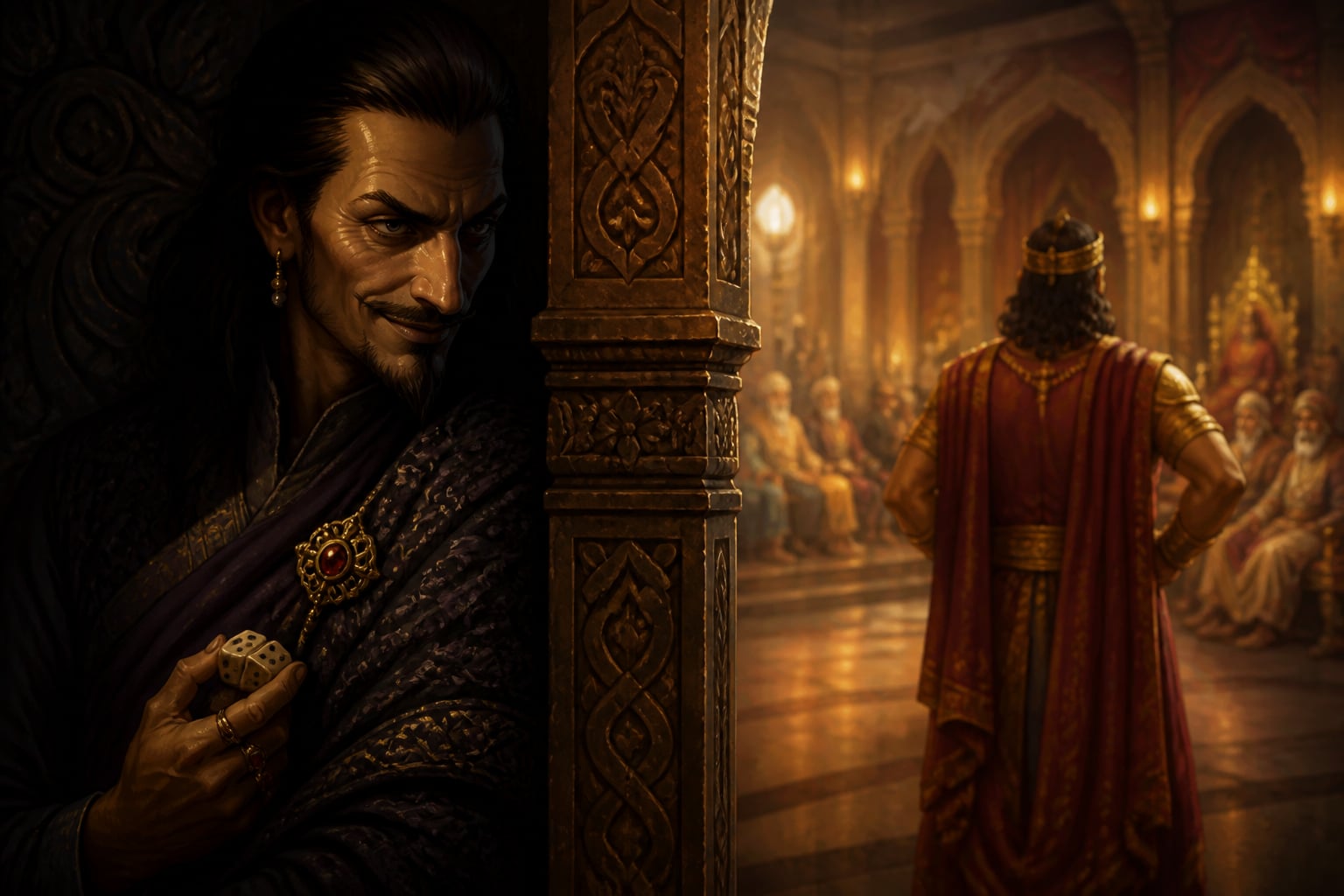 Shakuni smiles in shadow watching his life's plan come to fruition