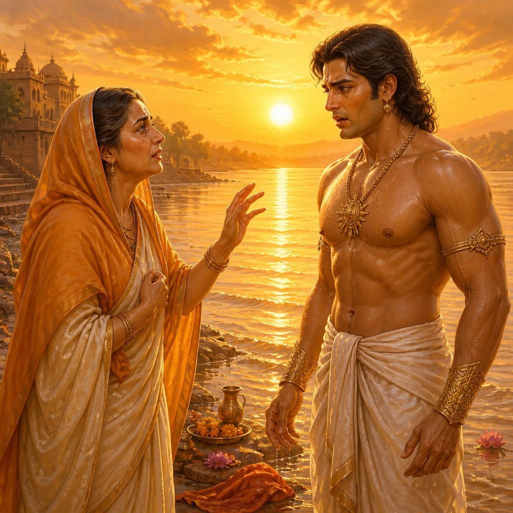 Kunti stands at the dawn-lit riverbank in saffron-and-ivory robes facing Karna fresh from his sun-prayers, her trembling hand half lifted as she speaks his birth aloud.