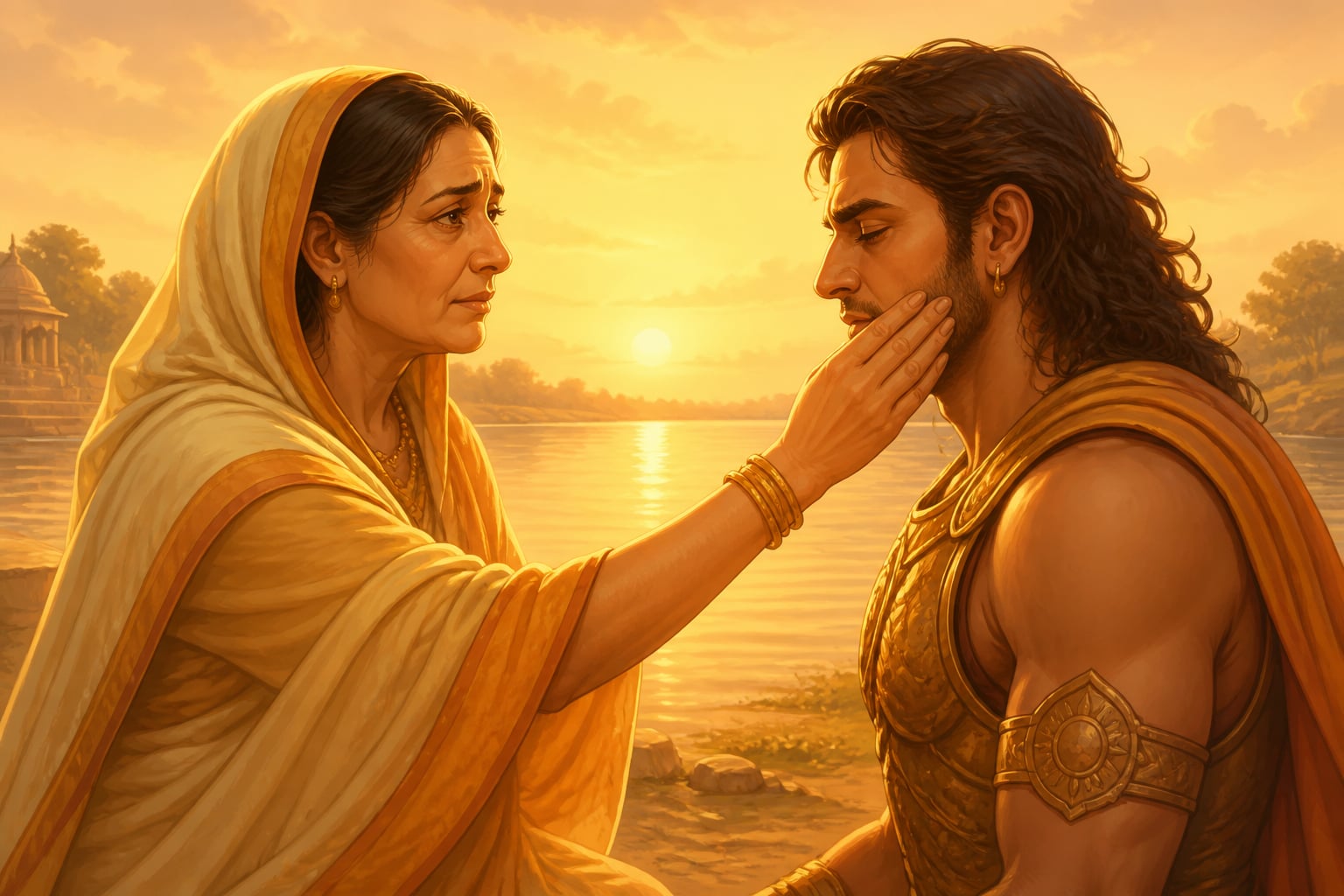Kunti touches Karna's cheek in their first and last maternal gesture