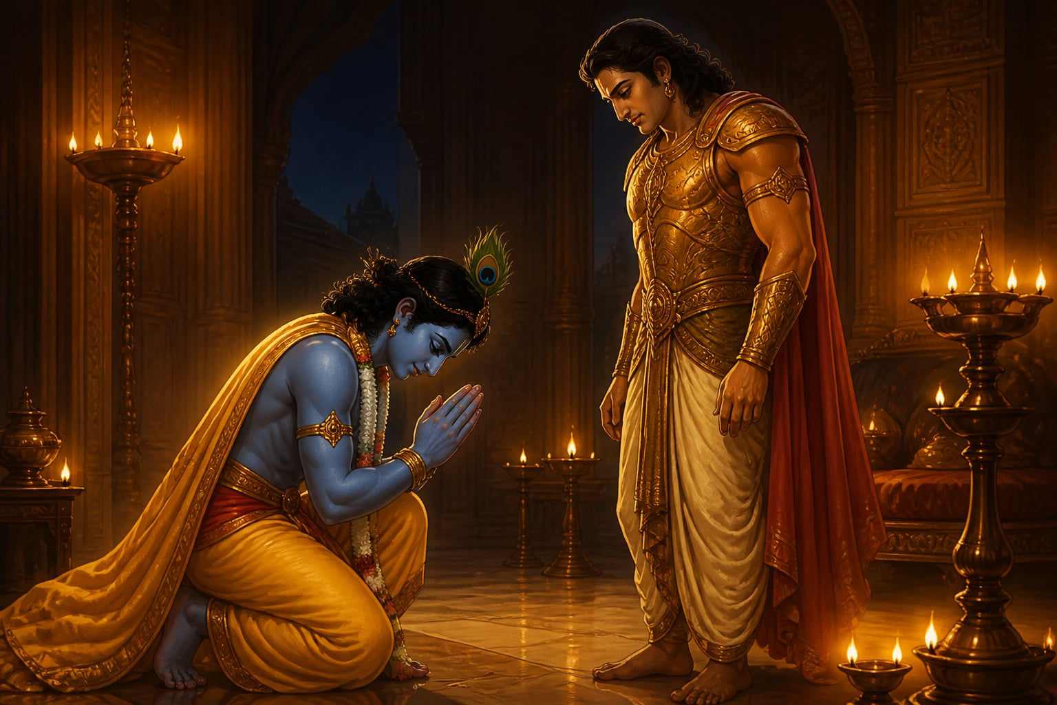 Krishna bows in formal salute to the charioteer's son