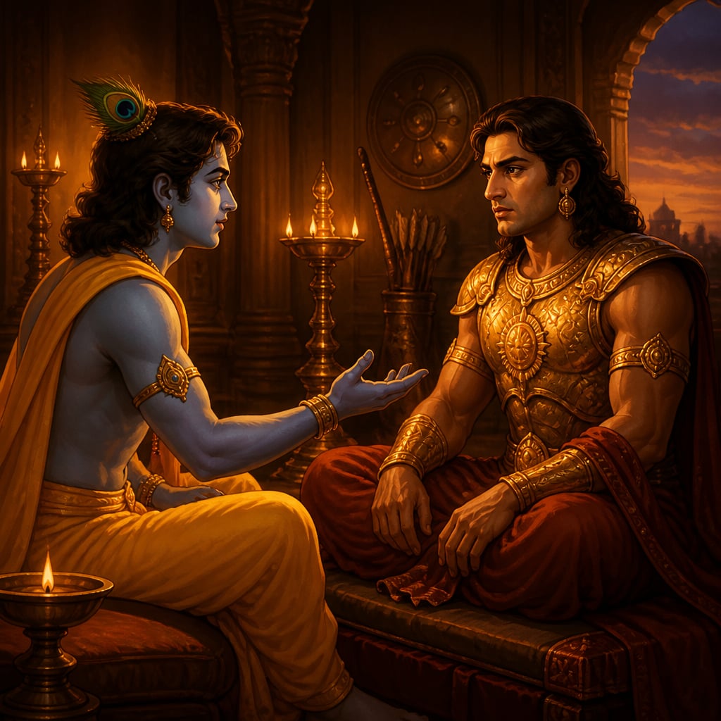 Krishna sits across from Karna in golden armor in a spare lamp-lit chamber at evening, one hand outstretched in earnest offer as he names the throne, brothers, and Draupadi.