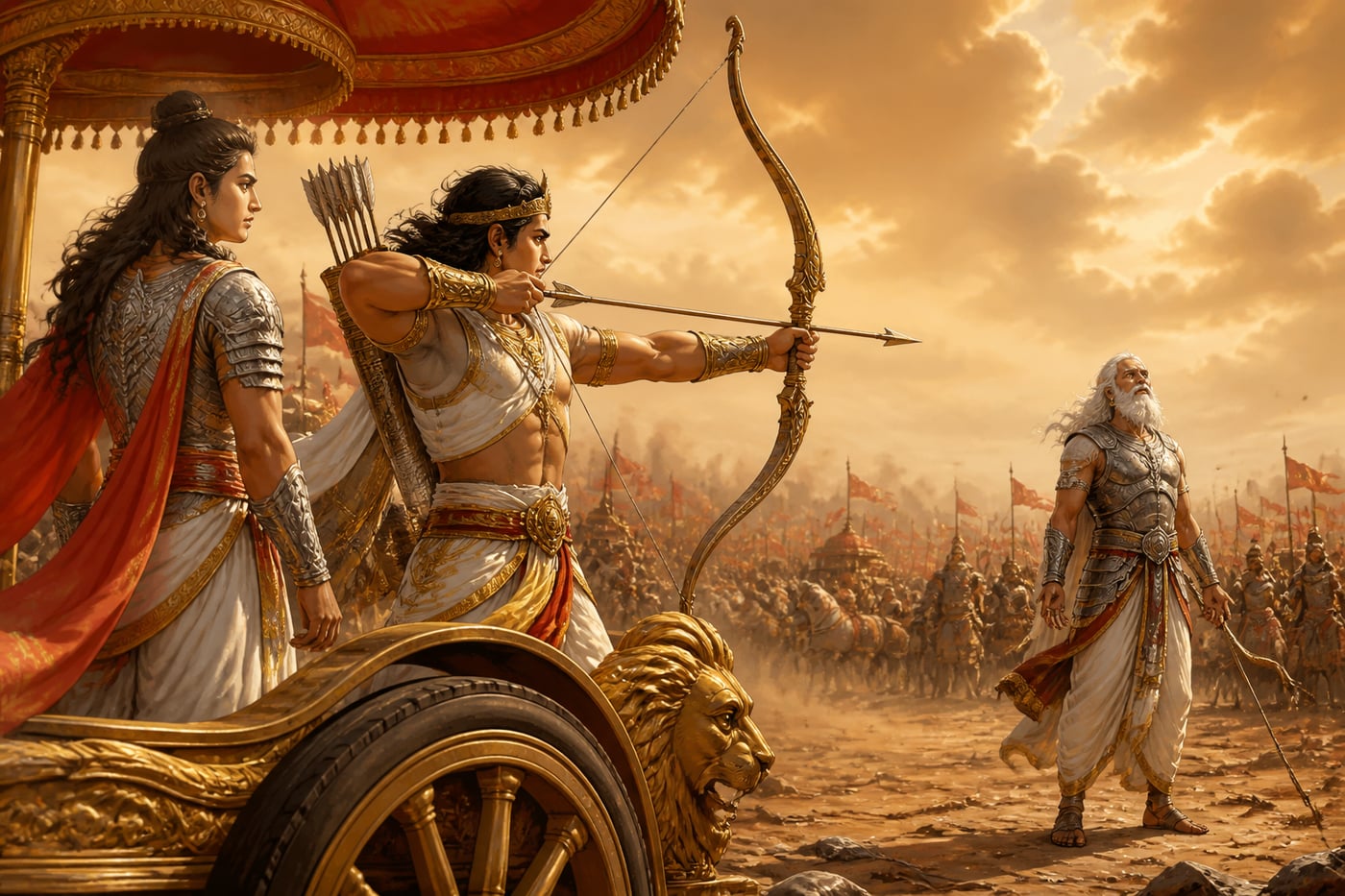 Shikhandi stands behind Arjuna's chariot as Bhishma lowers his weapons