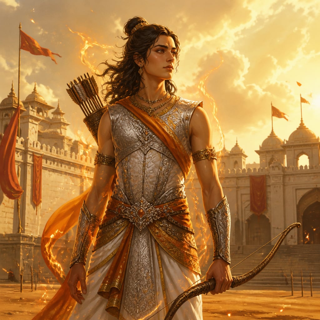 Shikhandi stands tall on the open practice ground at Drupada's palace at golden midday in silver-and-saffron warrior dress, bow lowered, eyes fixed on a distant horizon carrying memories of a previous life.