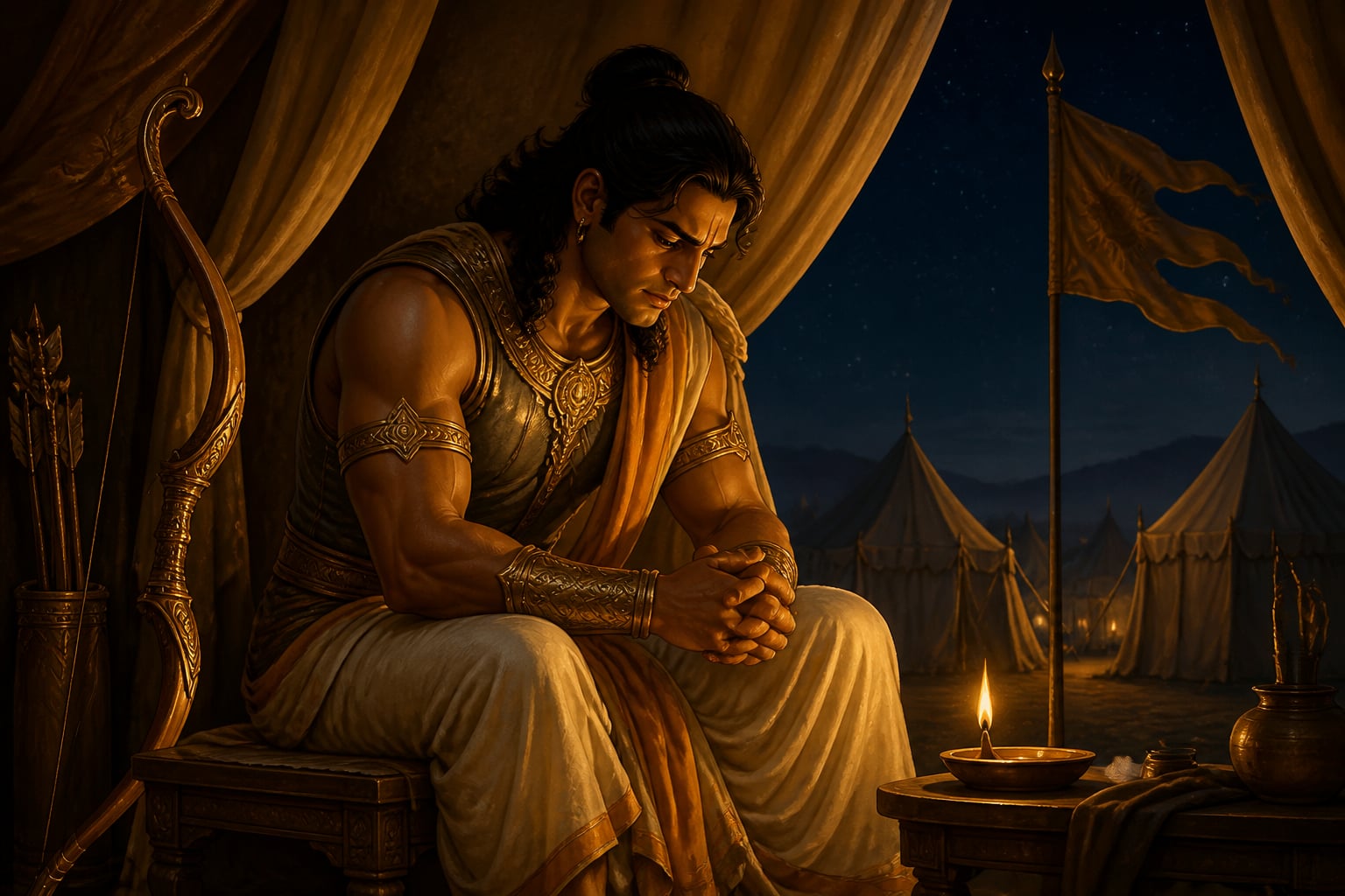 Arjuna sits troubled at his tent flap on the eve of battle