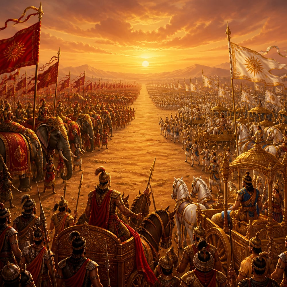 The vast Kaurava and Pandava armies stand arrayed across the wide field of Kurukshetra at golden dawn under their banners, chariots and elephants stretching to the horizon.