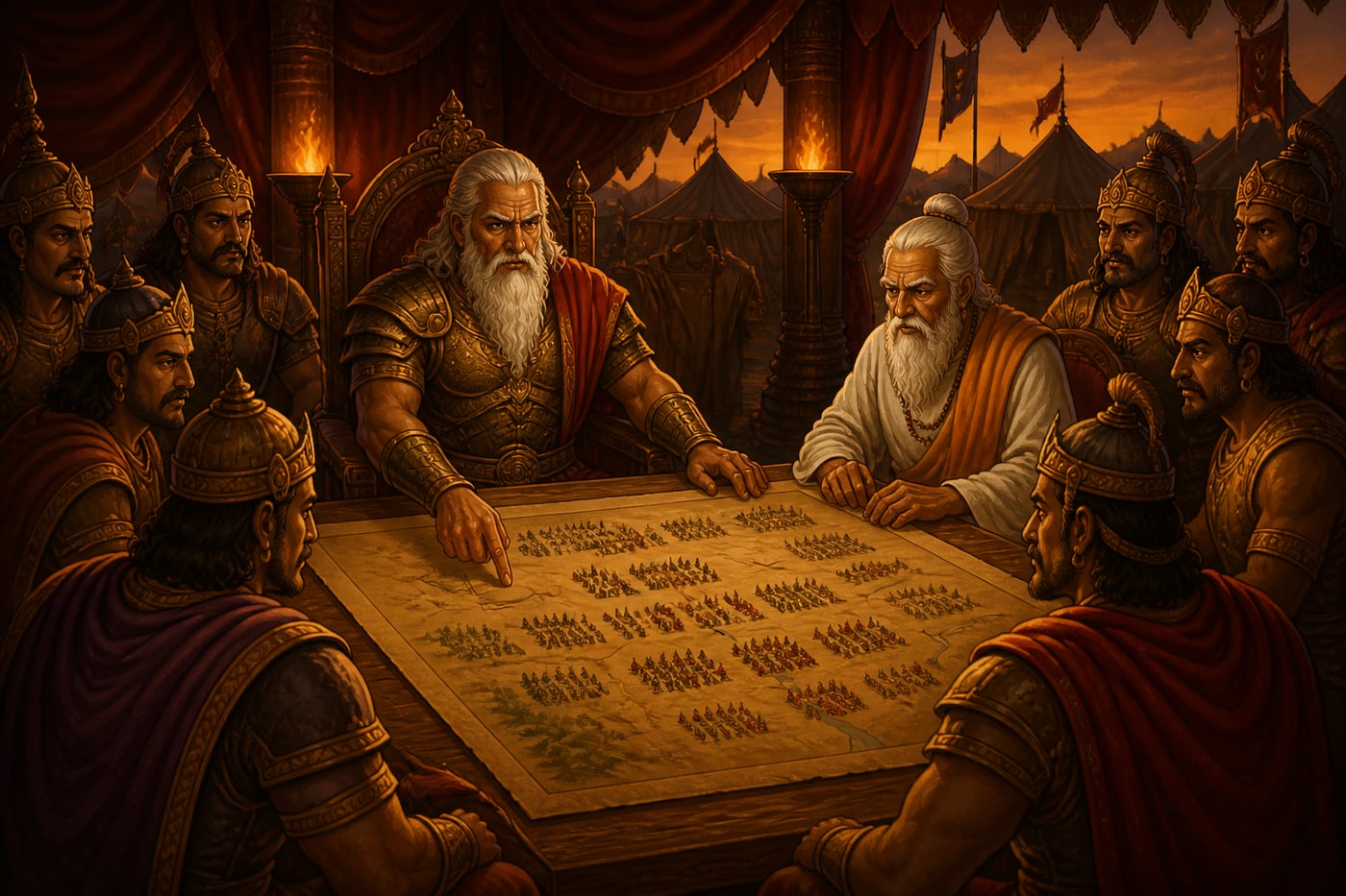 Bhishma at the head of the Kaurava war council planning attrition