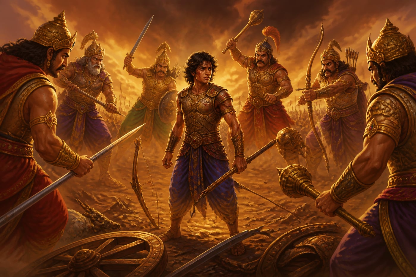 Abhimanyu stands alone surrounded by six Kaurava maharathis