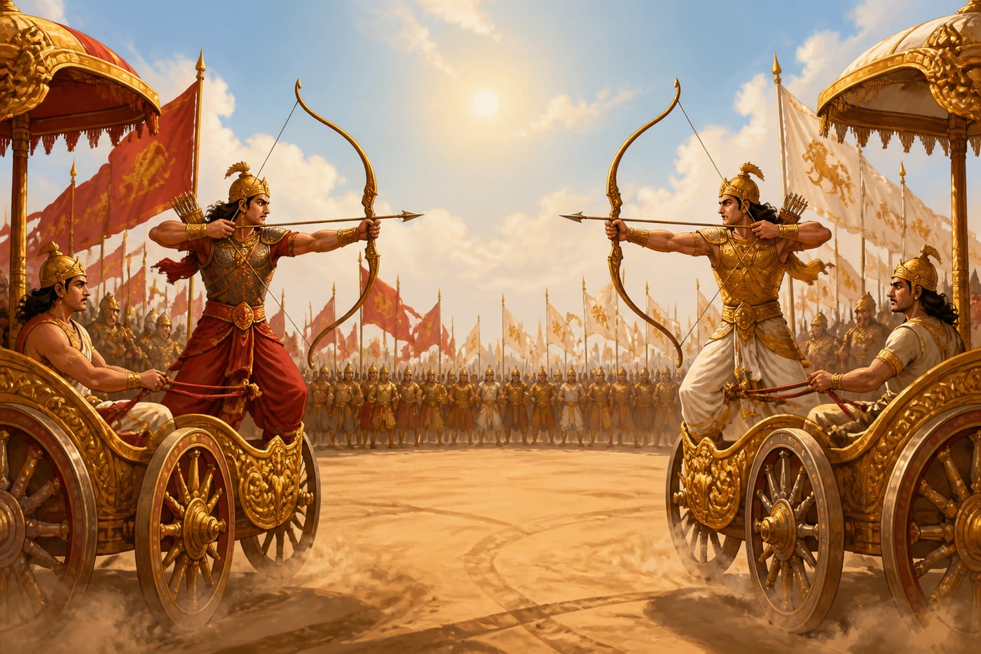 Two equally matched chariot warriors duel inside a ring of witnesses