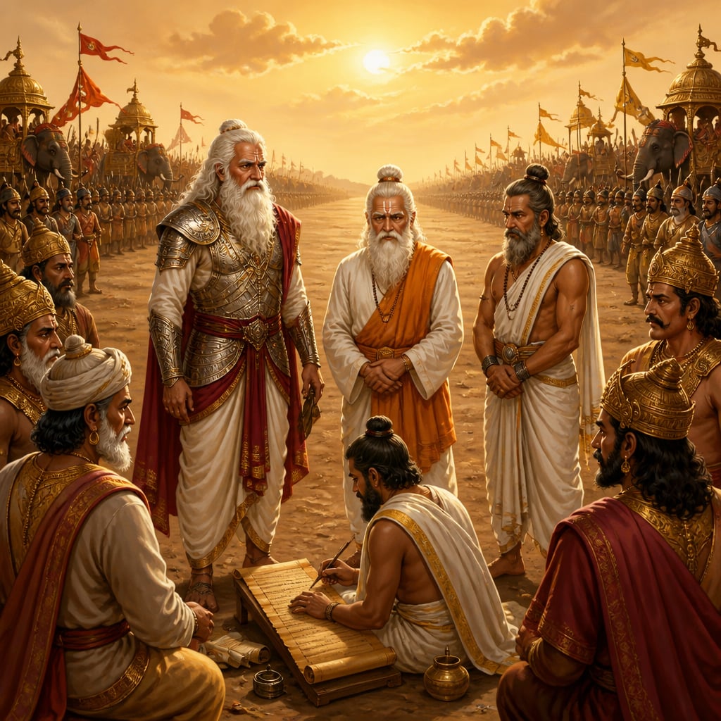 Bhishma, Drona, and Kripa stand with elders of both sides in the open neutral space between the two armies at golden midday, watching a scribe inscribe the agreed rules of war on palm-leaf scrolls.
