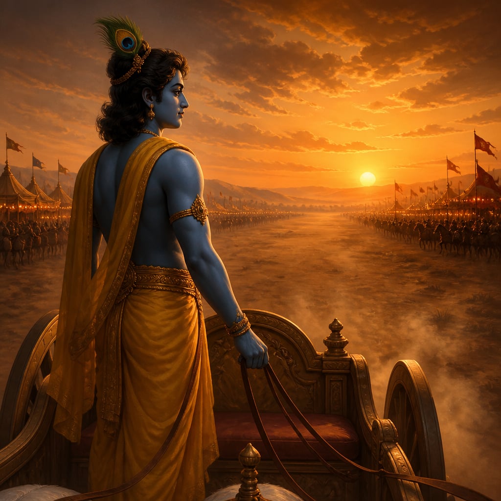 Krishna stands alone in a simple chariot stopped at twilight on the open plain between the Pandava and Kaurava camps, gazing toward the horizon where both armies wait in distant lit encampments.
