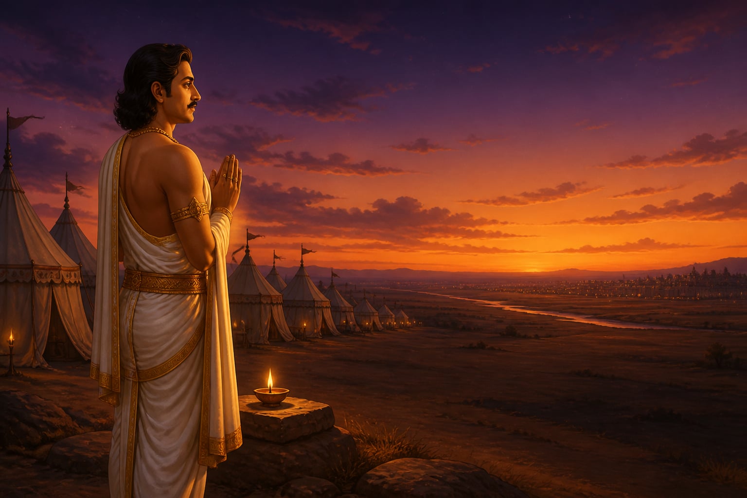 Yudhishthira stands at the camp's edge in quiet prayer before war