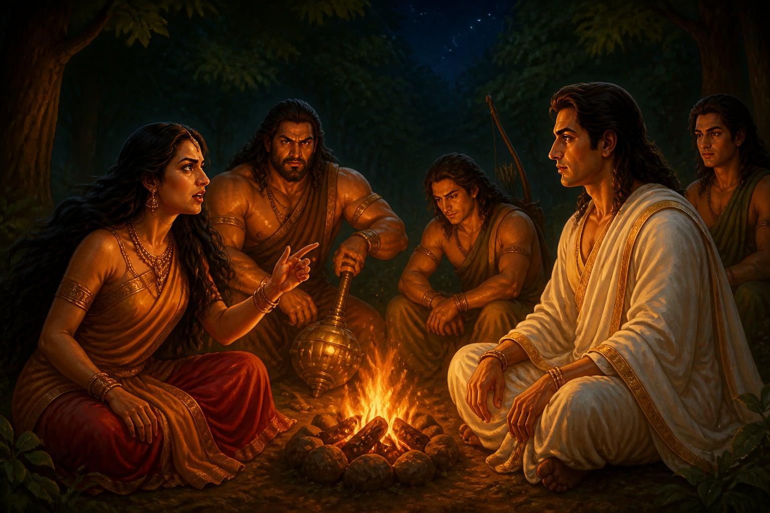 Draupadi confronts Yudhishthira at the first night's campfire