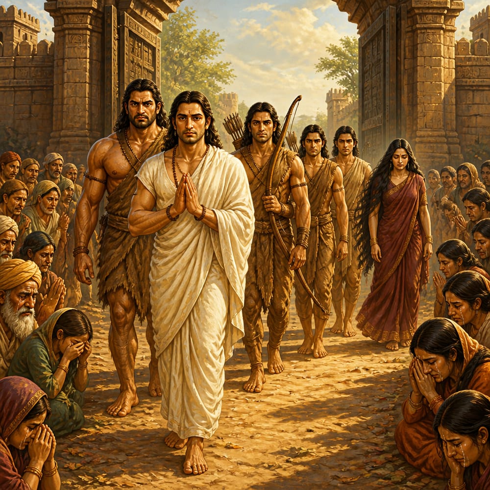 The five Pandavas walk out of Hastinapura in bark cloth as weeping citizens line the road.