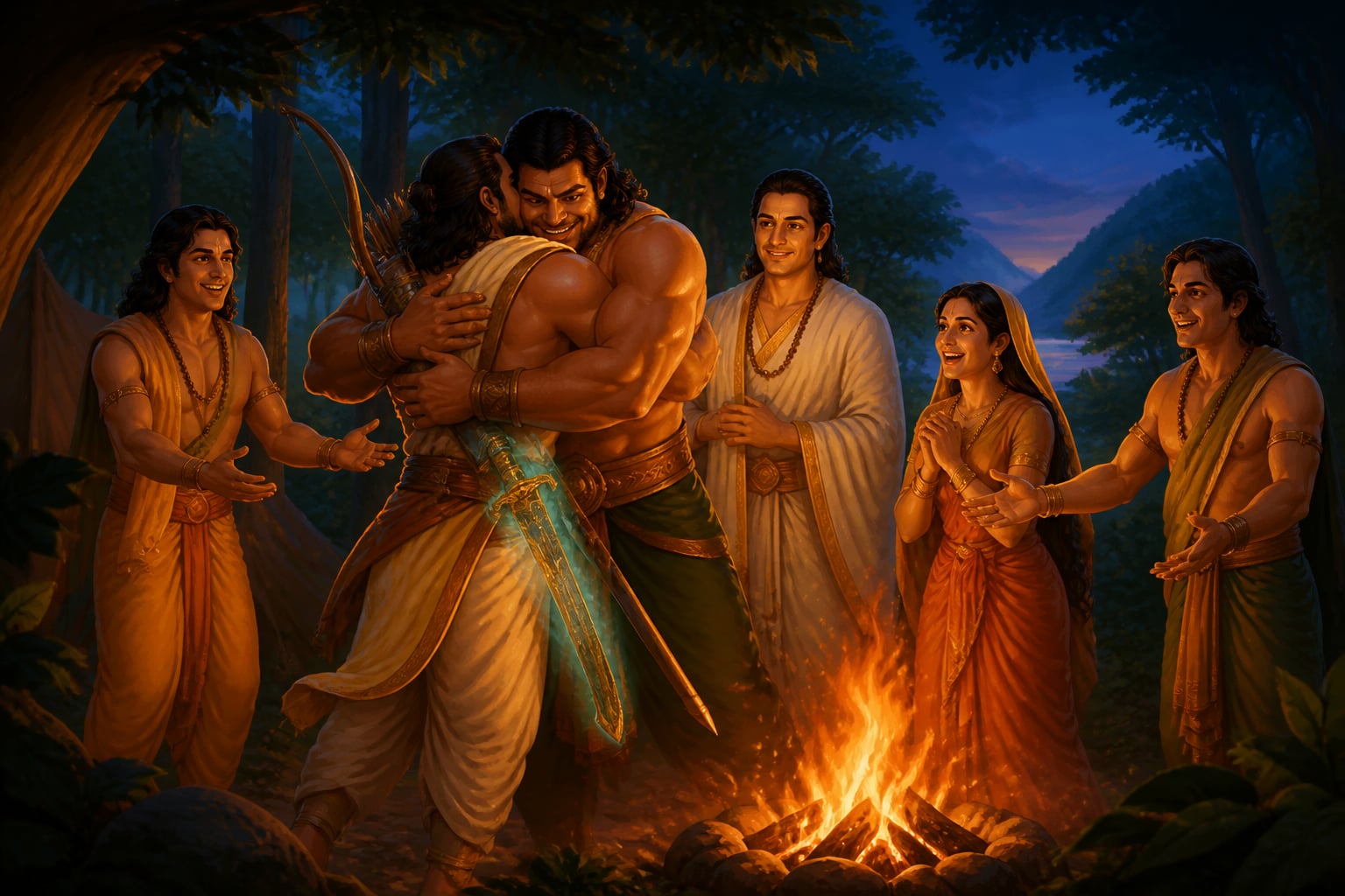 Arjuna returns to the Kamyaka campfire
