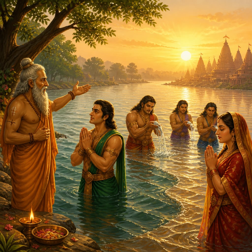 The Pandavas and Draupadi bathe at the sacred Ganga-Yamuna confluence at sunrise while Lomasha tells its stories.