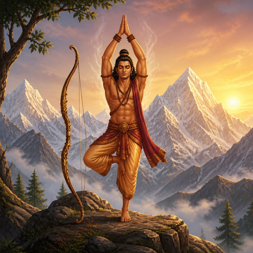 Arjuna stands on one foot at Indrakila with arms raised and Gandiva planted in the rock, deep in tapasya.