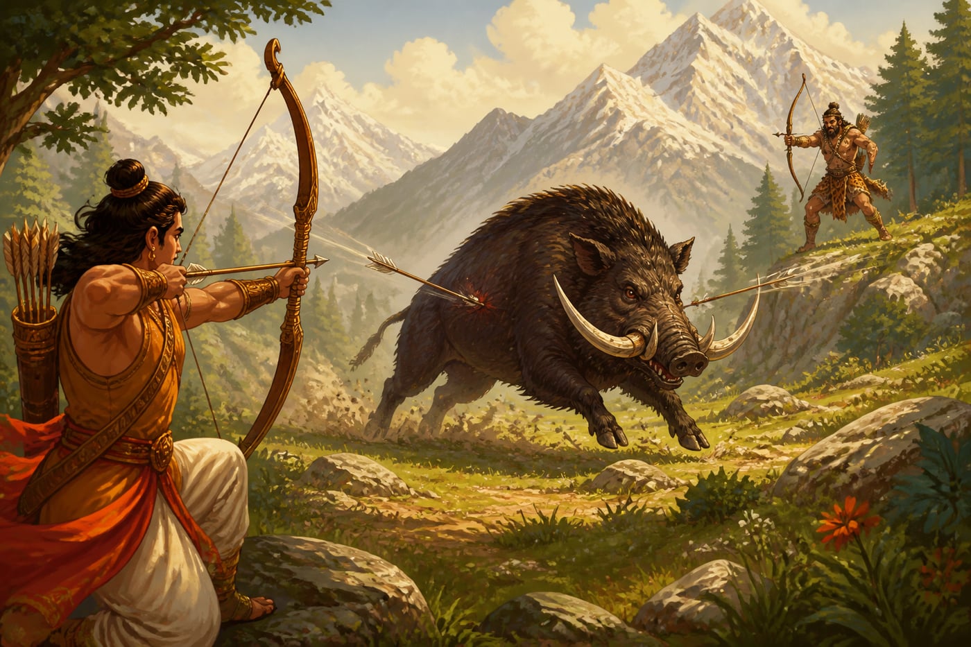 The wild boar charges and two arrows fly