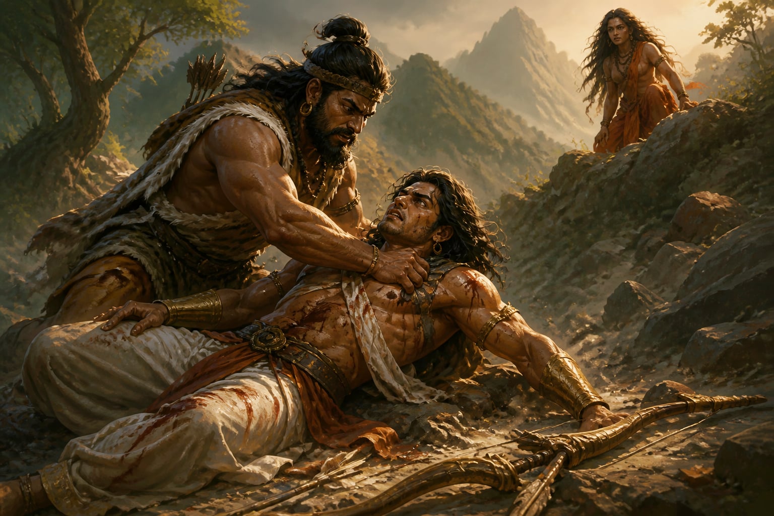 The Kirata pins Arjuna to the rocky ground
