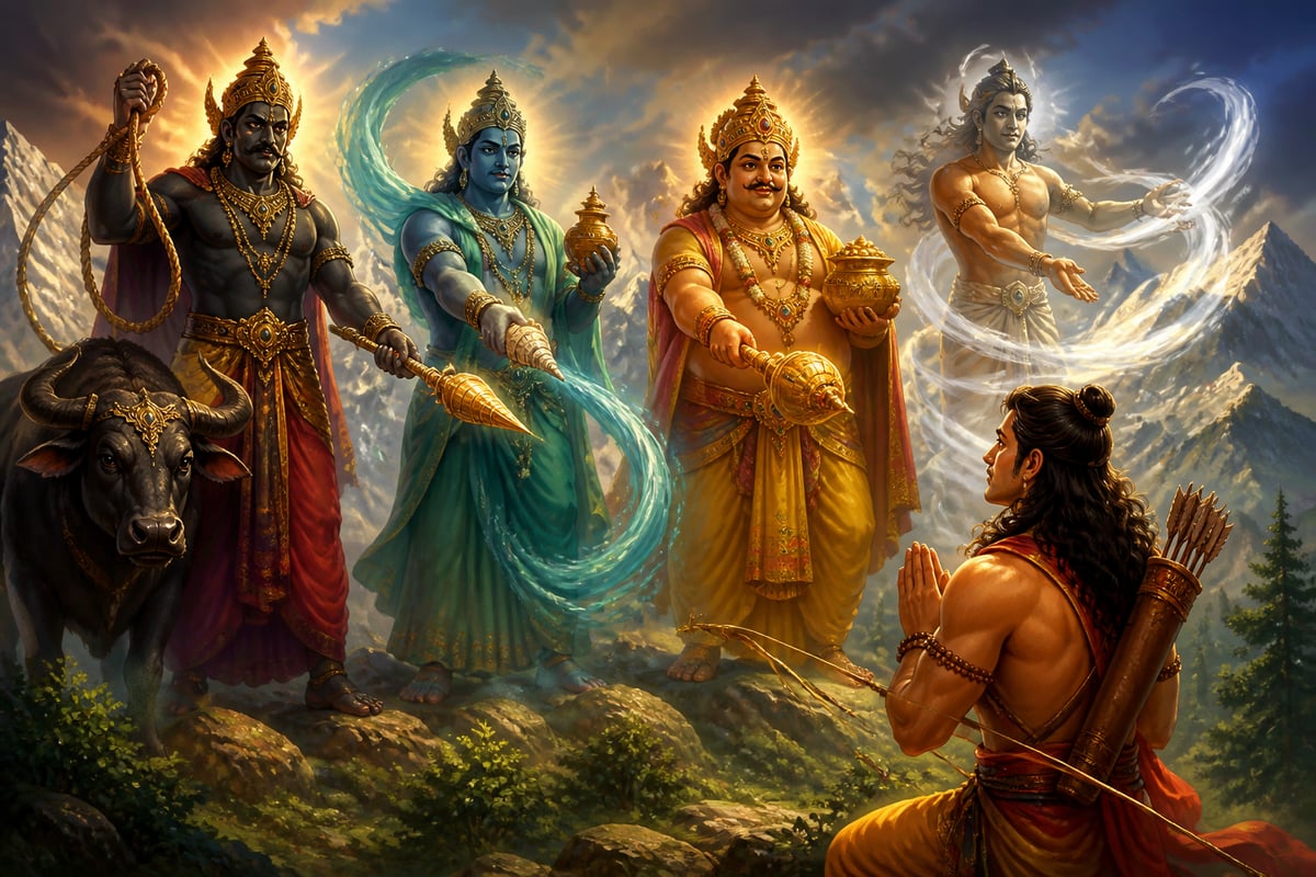 The four Lokapalas grant their divine weapons to Arjuna