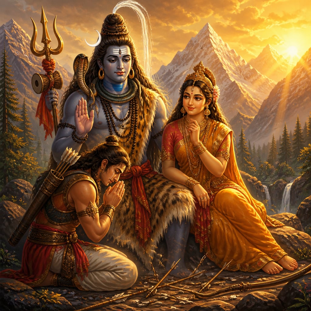 Shiva reveals his true form on the Himalayan slope with Parvati beside him as Arjuna kneels weeping at their feet.