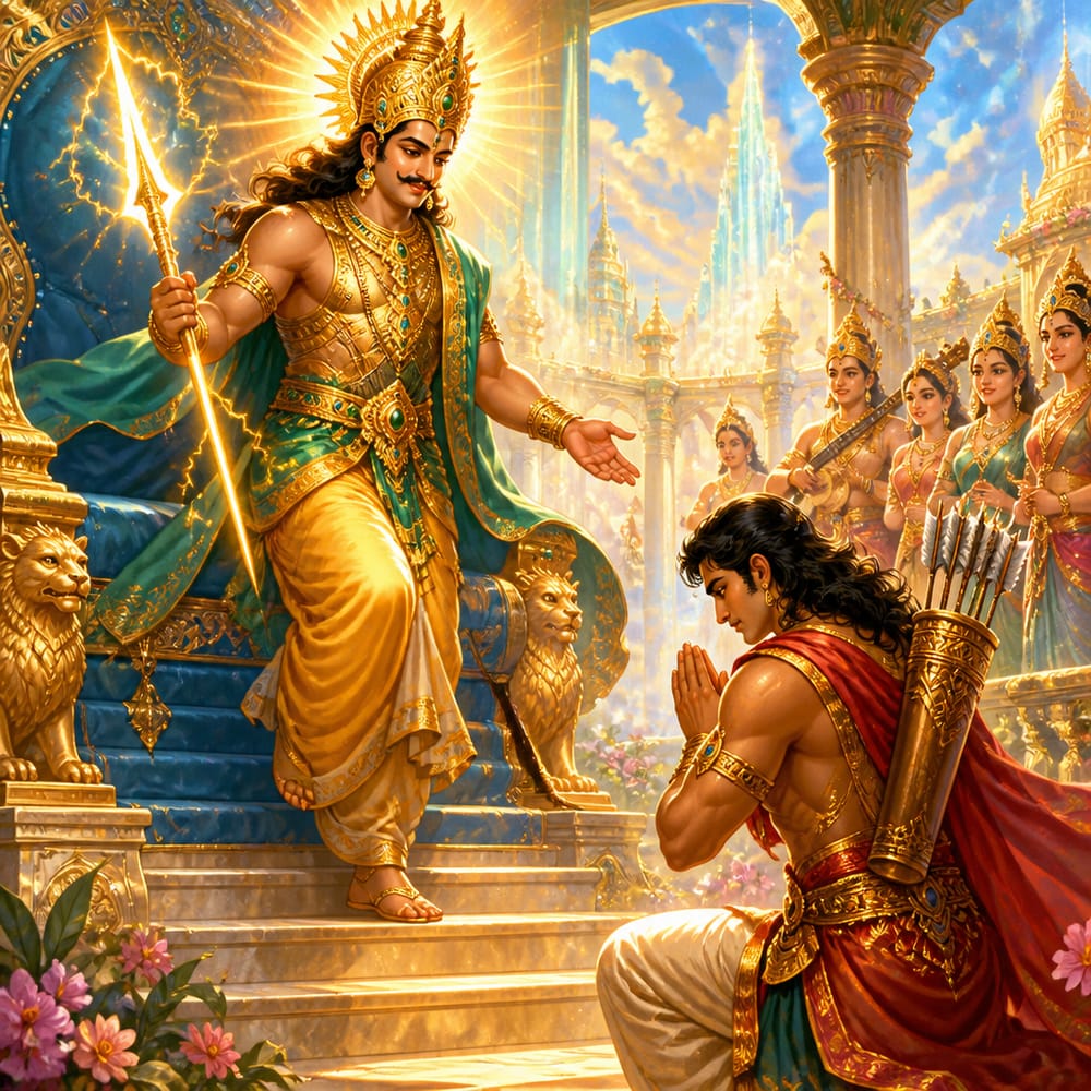 Indra descends from his sapphire throne in radiant Amaravati to greet his son Arjuna with arms outstretched.