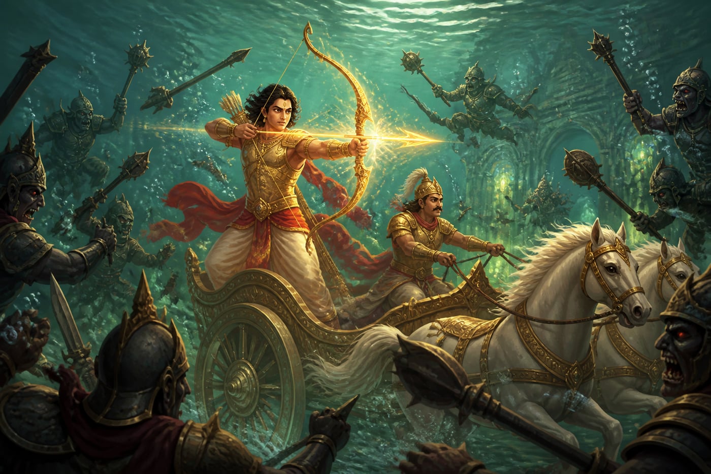 Arjuna fights the Nivata-kavachas in their underwater fortress
