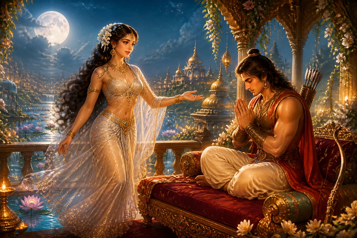 Urvashi approaches Arjuna on a moonlit balcony of Amaravati