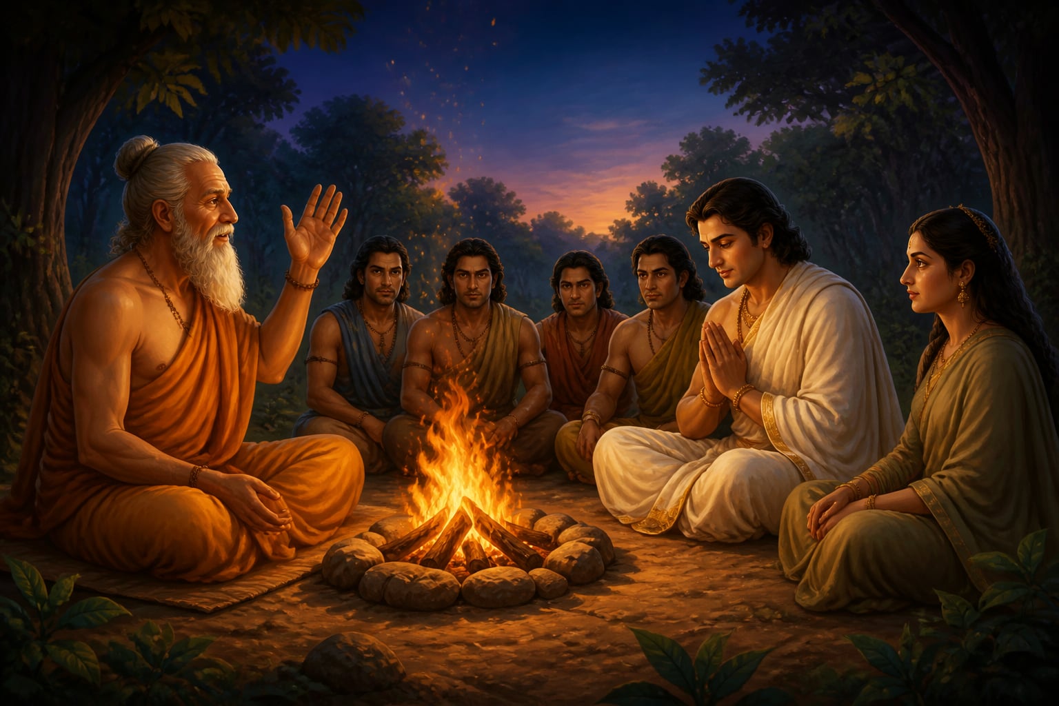 Brihadaswa tells the Nala story to Yudhishthira at the fire