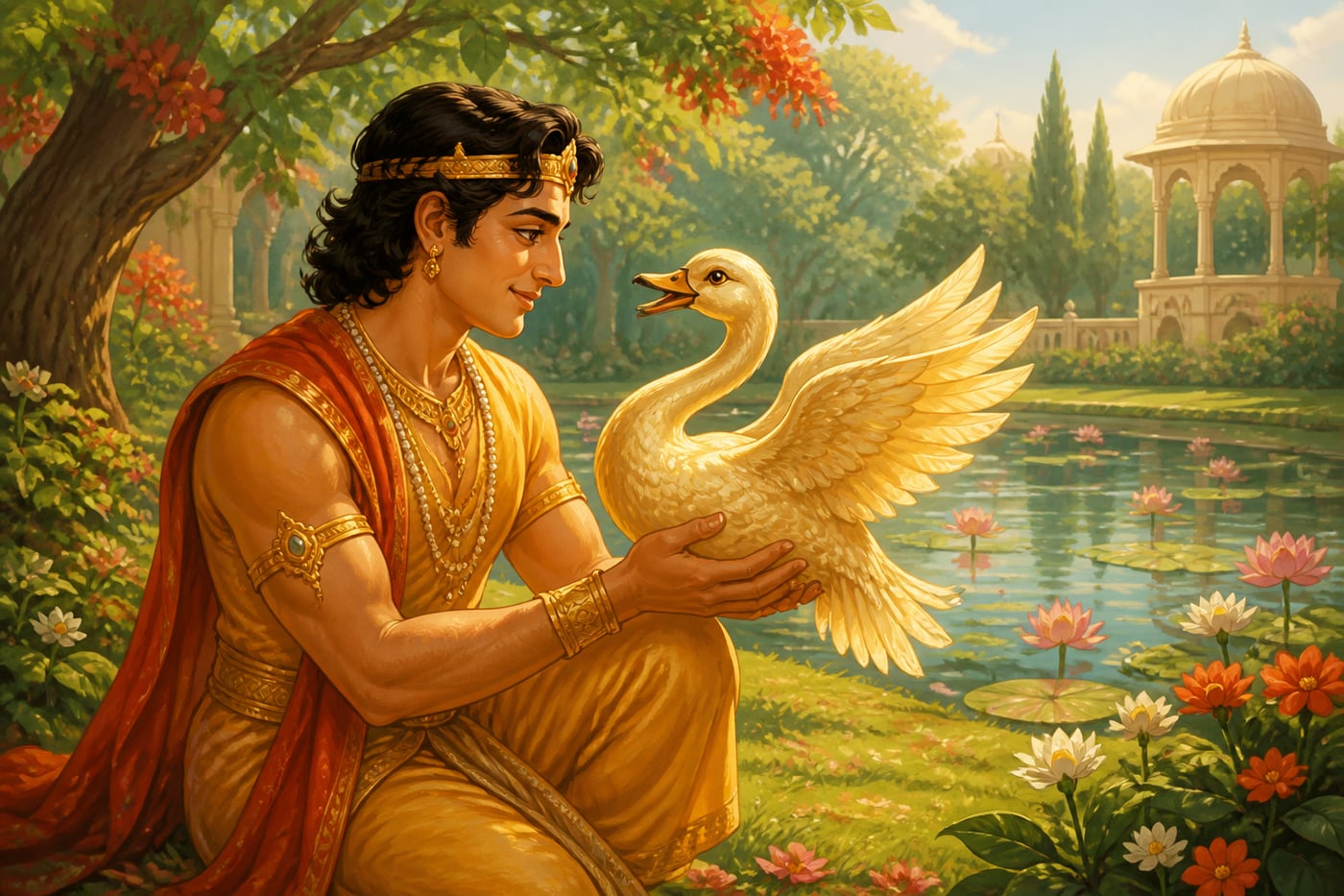 Nala receives the golden swan in his palace garden